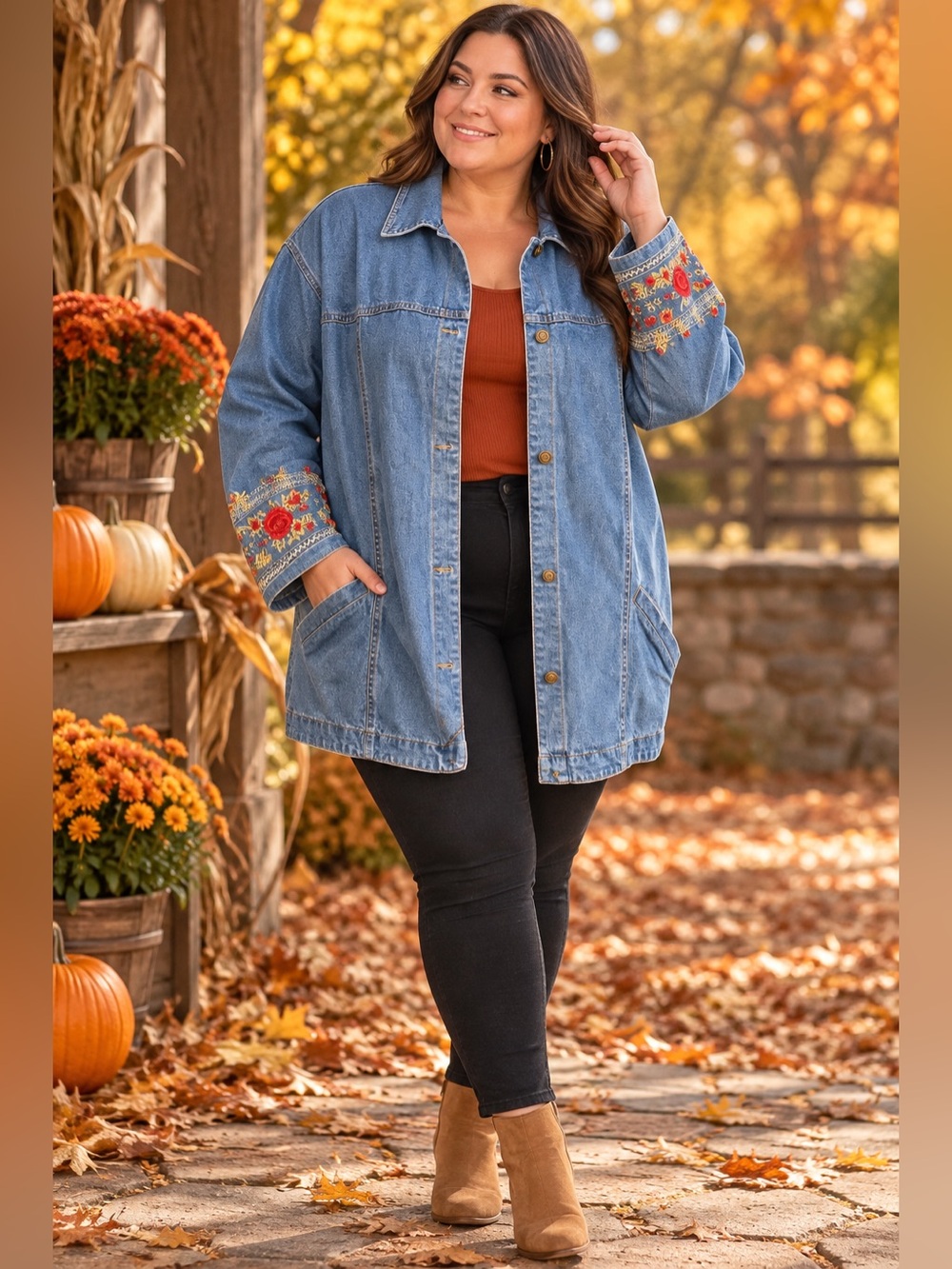 Denim&Co Embroidered Jean Jacket - Blue with Red Accents